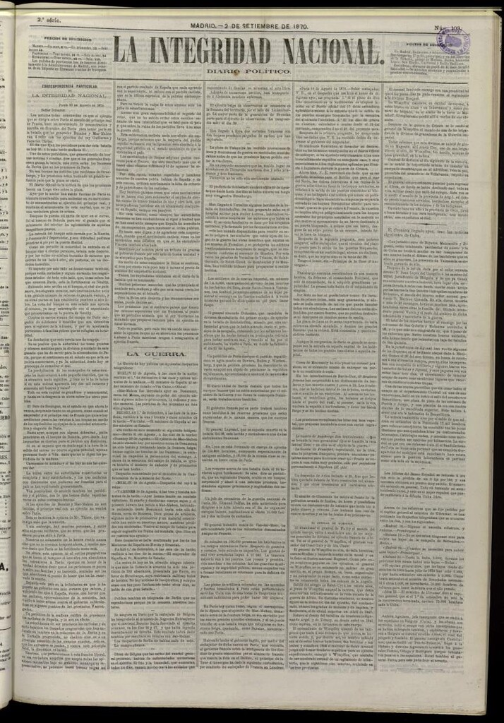 Miniatura de La Integridad Nacional: periódico político del 2 de septiembre de 1870, nº 103