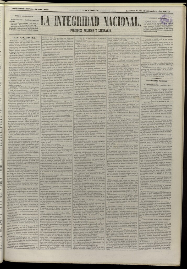 Miniatura de La Integridad Nacional: periódico político del 5 de septiembre de 1870, nº 105