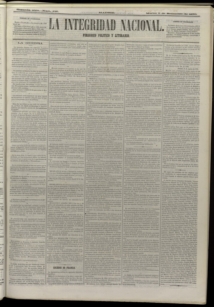 Miniatura de La Integridad Nacional: periódico político del 6 de septiembre de 1870, nº 106
