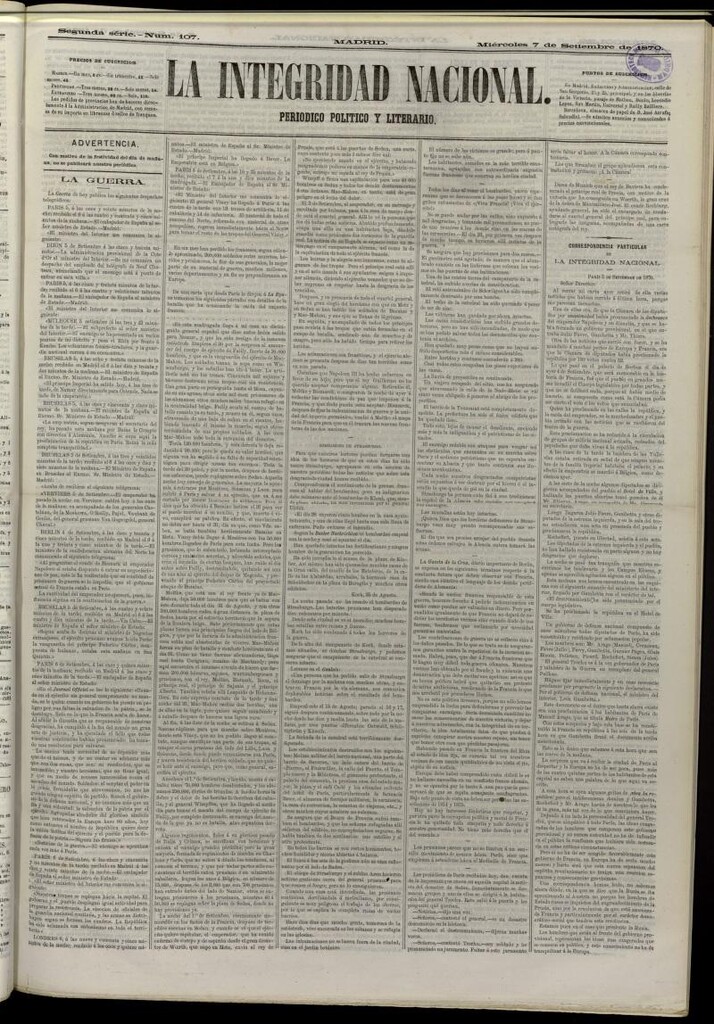 Miniatura de La Integridad Nacional: periódico político del 7 de septiembre de 1870, nº 107