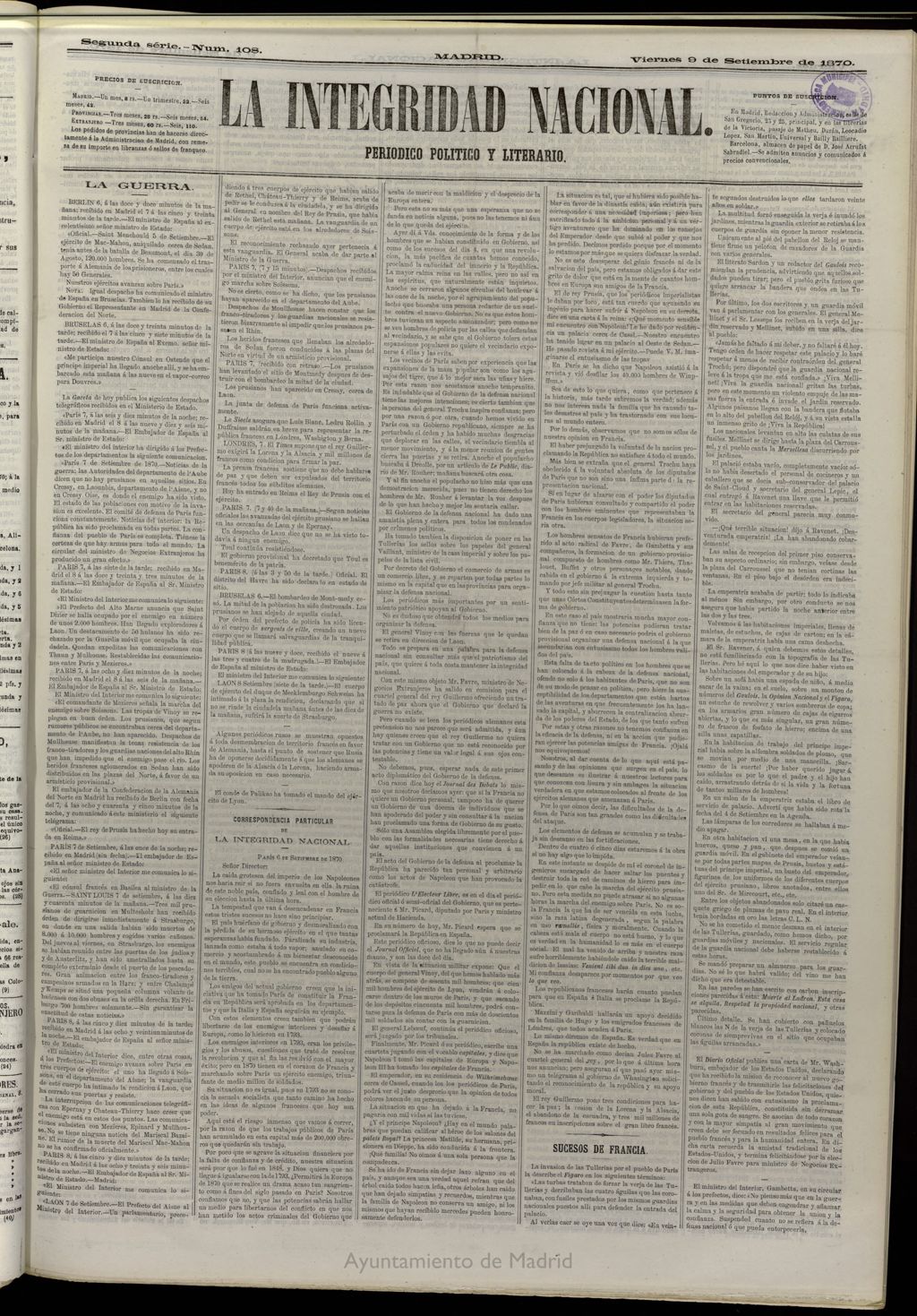 Miniatura de La Integridad Nacional: periódico político del 9 de septiembre de 1870, nº 108