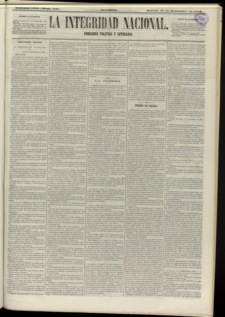 Miniatura de La Integridad Nacional: periódico político del 10 de septiembre de 1870, nº 109