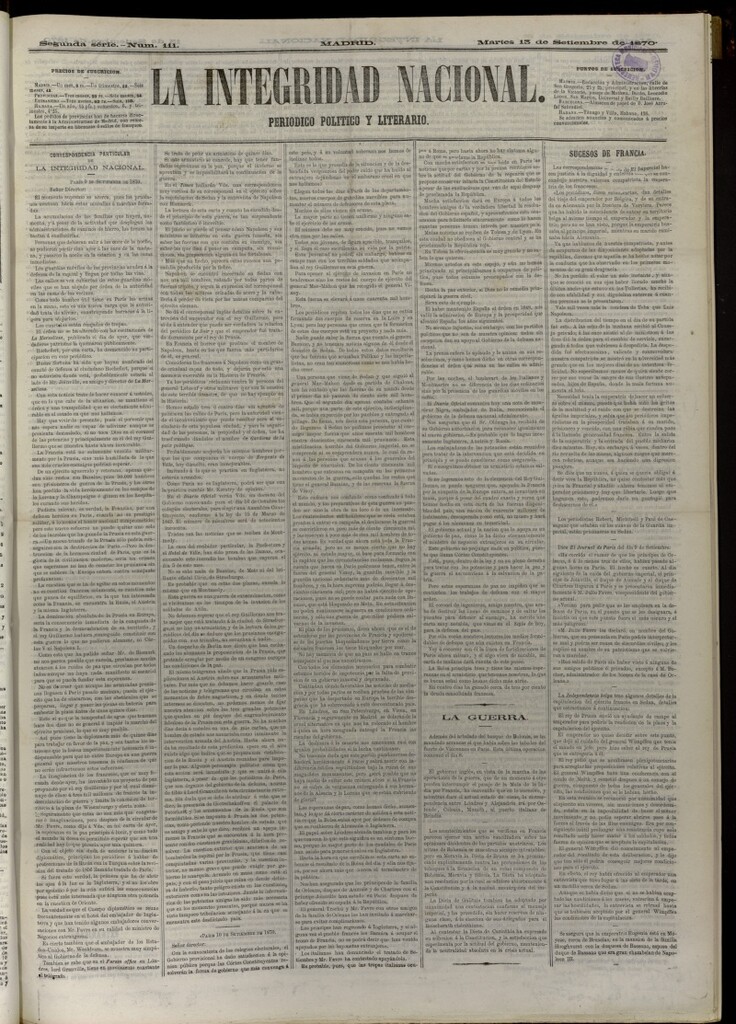 Miniatura de La Integridad Nacional: periódico político del 13 de septiembre de 1870, nº 111
