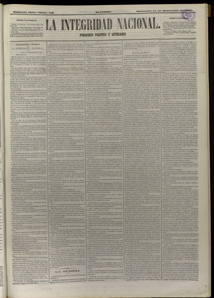 Miniatura de La Integridad Nacional: periódico político del 14 de septiembre de 1870, nº 112