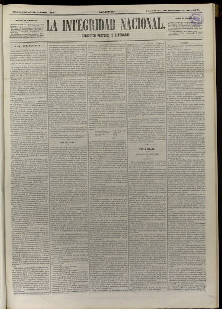 Miniatura de La Integridad Nacional: periódico político del 15 de septiembre de 1870, nº 113
