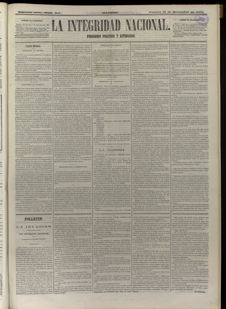 Miniatura de La Integridad Nacional: periódico político del 16 de septiembre de 1870, nº 114