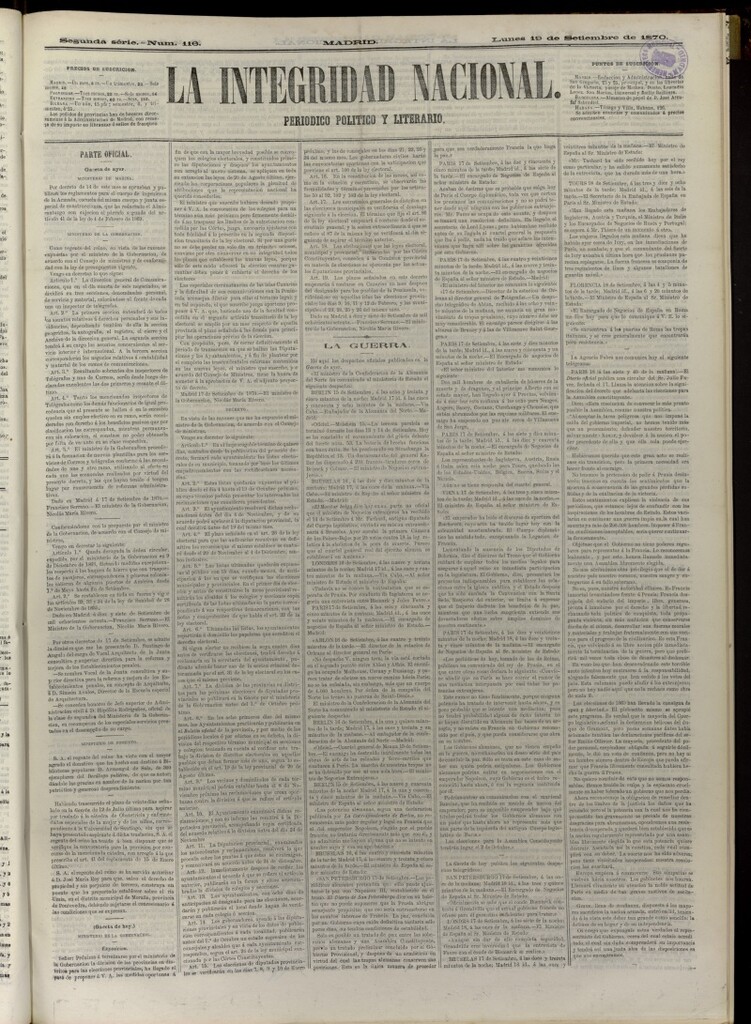 Miniatura de La Integridad Nacional: periódico político del 19 de septiembre de 1870, nº 116