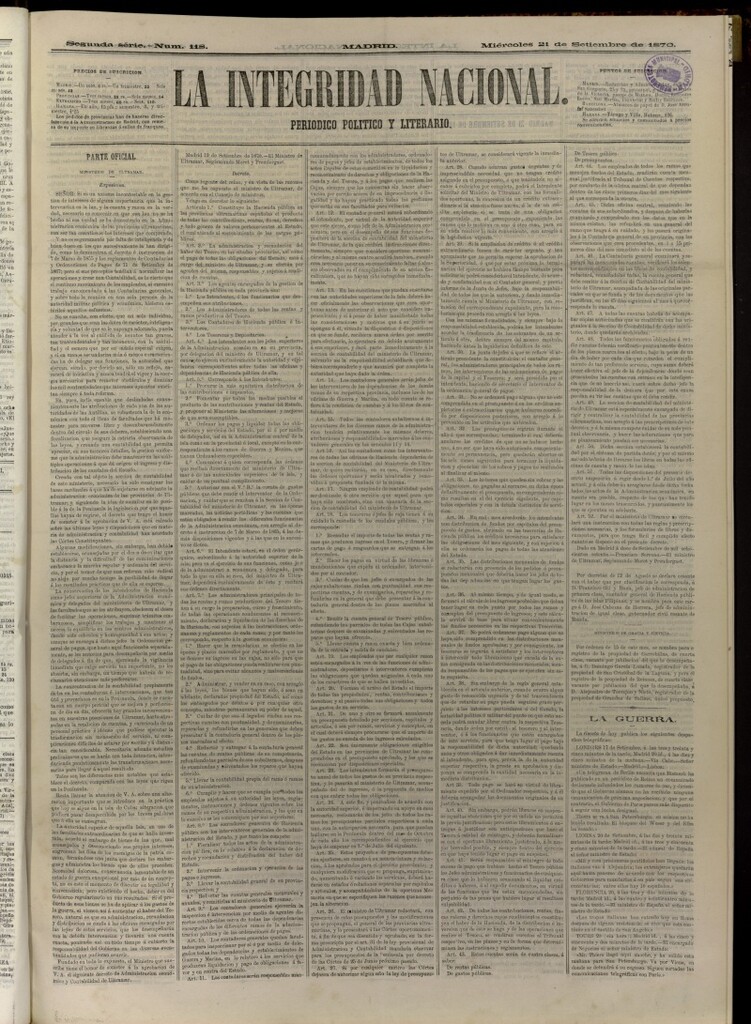 Miniatura de La Integridad Nacional: periódico político del 21 de septiembre de 1870, nº 118