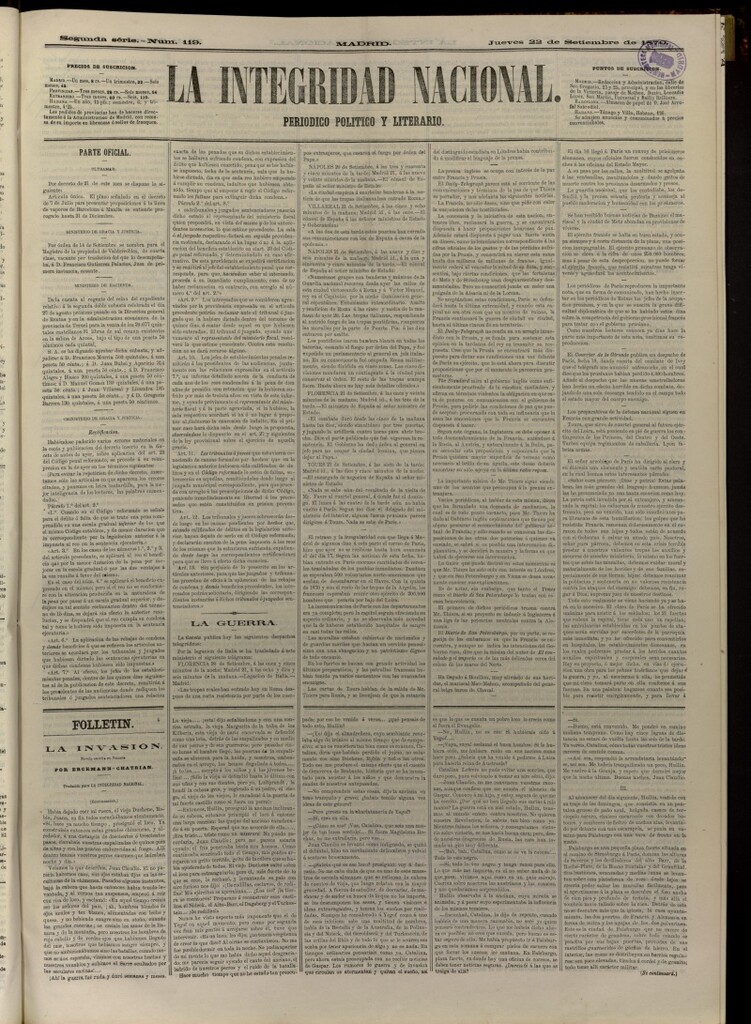 Miniatura de La Integridad Nacional: periódico político del 22 de septiembre de 1870, nº 119