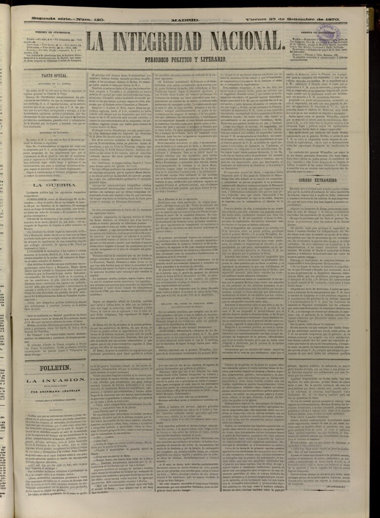 Miniatura de La Integridad Nacional: periódico político del 23 de septiembre de 1870, nº 120