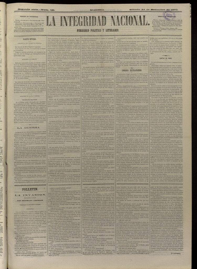 Miniatura de La Integridad Nacional: periódico político del 24 de septiembre de 1870, nº 121