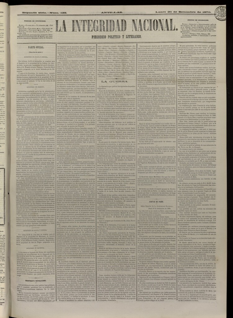 Miniatura de La Integridad Nacional: periódico político del 26 de septiembre de 1870, nº 122
