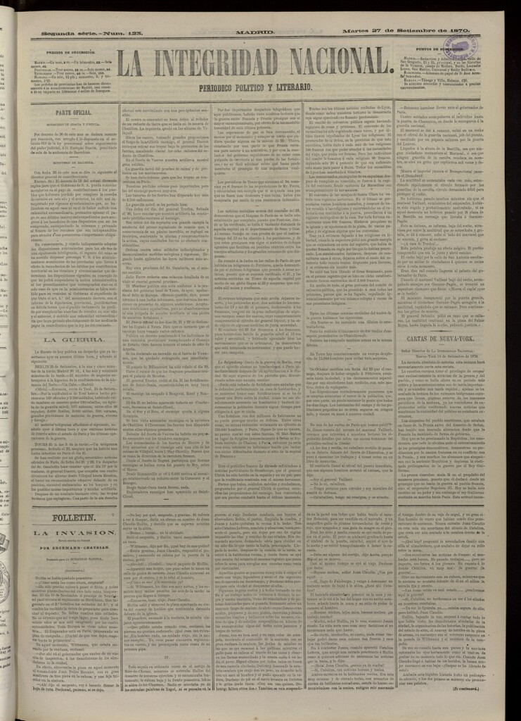 Miniatura de La Integridad Nacional: periódico político del 27 de septiembre de 1870, nº 123