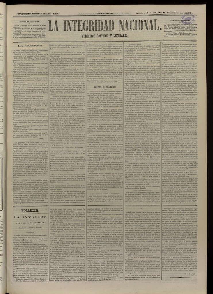 Miniatura de La Integridad Nacional: periódico político del 28 de septiembre de 1870, nº 124