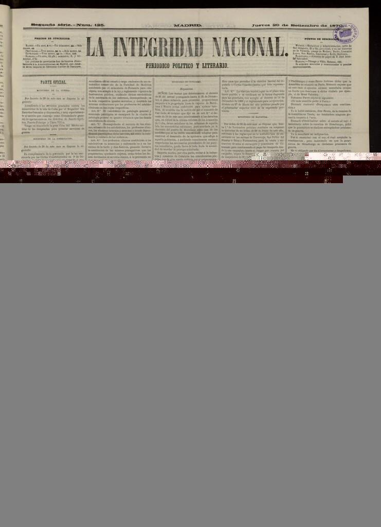 Miniatura de La Integridad Nacional: periódico político del 29 de septiembre de 1870, nº 125