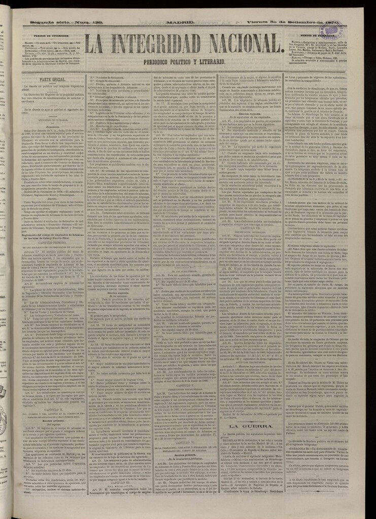 Miniatura de La Integridad Nacional: periódico político del 30 de septiembre de 1870, nº 126