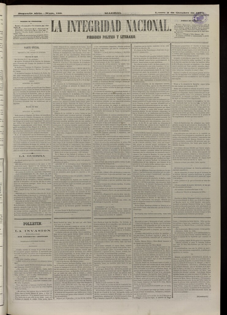 Miniatura de La Integridad Nacional: periódico político del 2 de octubre de 1870, nº 128