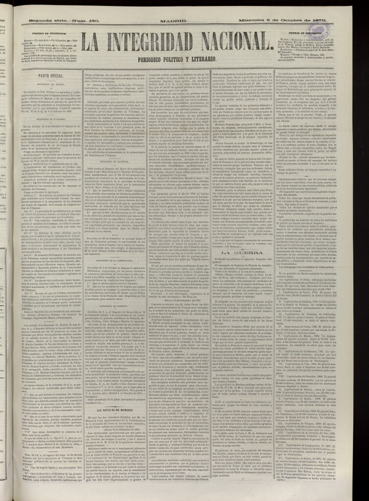 Miniatura de La Integridad Nacional: periódico político del 5 de octubre de 1870, nº 130