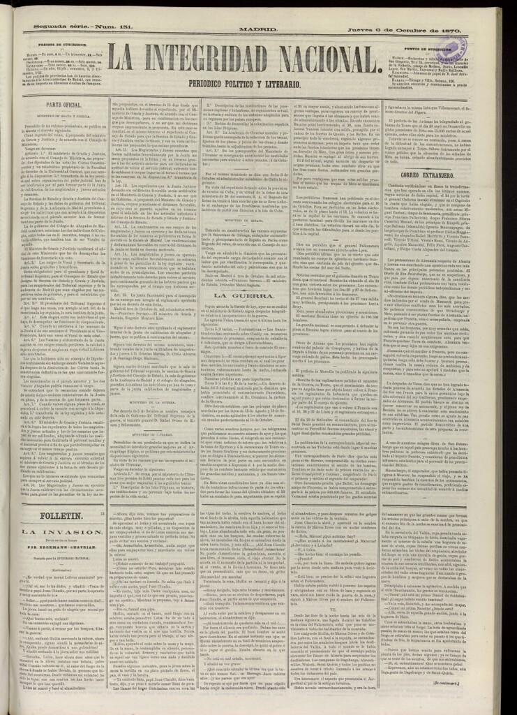 Miniatura de La Integridad Nacional: periódico político del 6 de octubre de 1870, nº 131