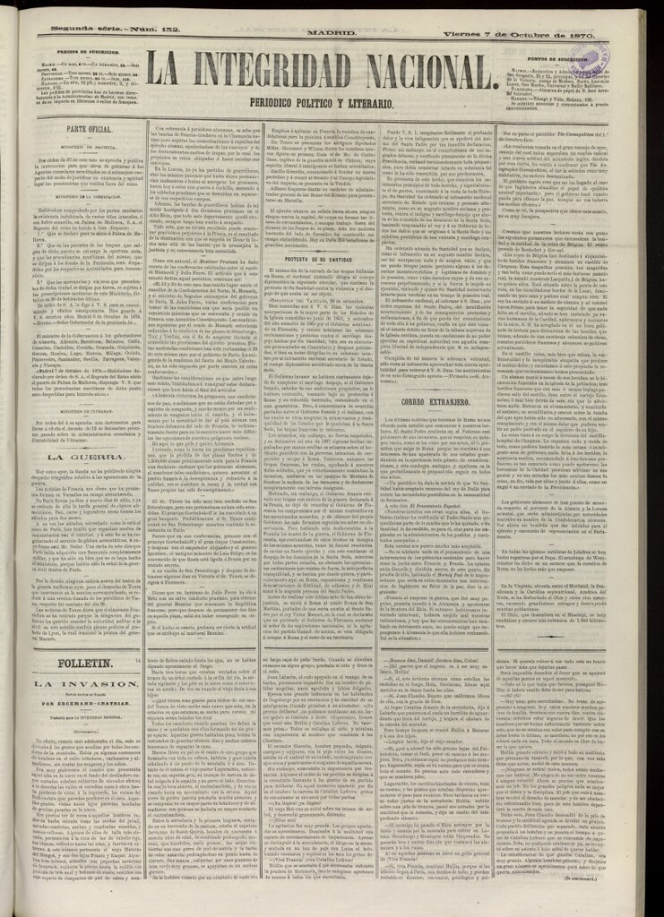 Miniatura de La Integridad Nacional: periódico político del 7 de octubre de 1870, nº 132