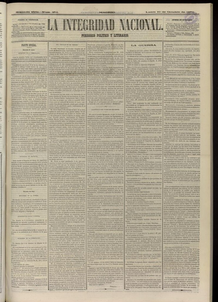Miniatura de La Integridad Nacional: periódico político del 10 de octubre de 1870, nº 134