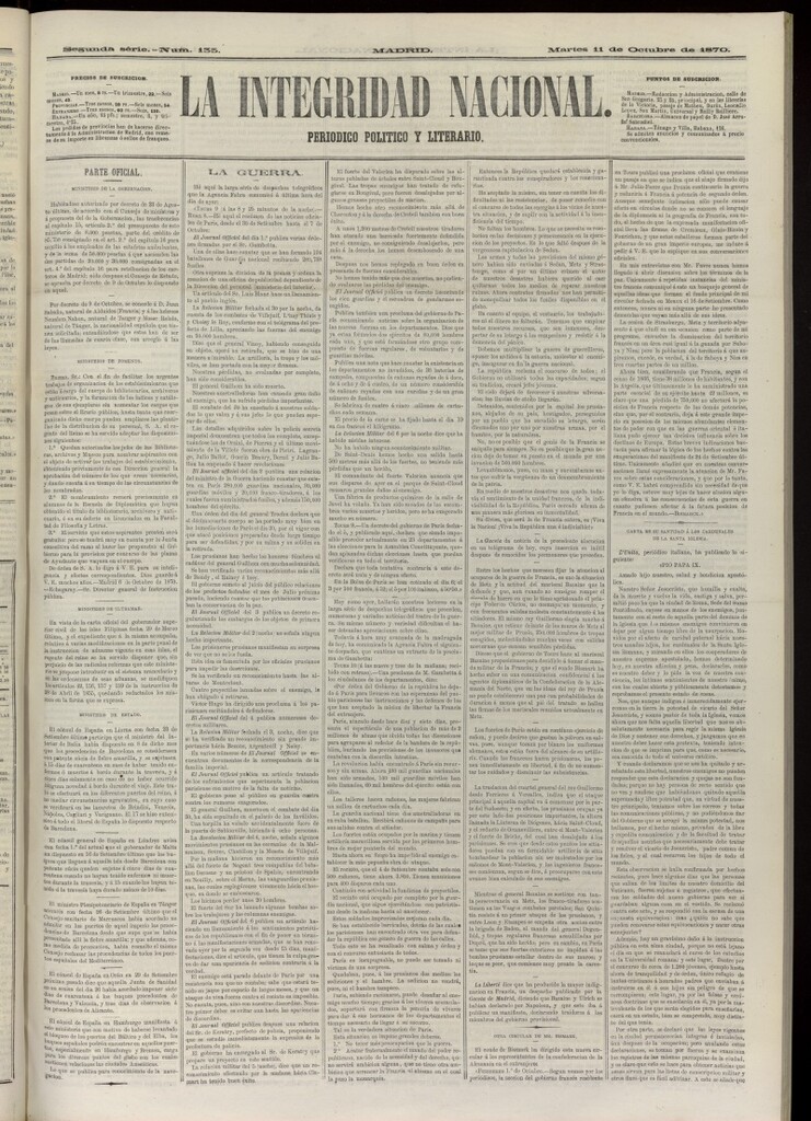 Miniatura de La Integridad Nacional: periódico político del 11 de octubre de 1870, nº 135