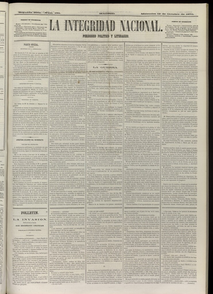 Miniatura de La Integridad Nacional: periódico político del 12 de octubre de 1870, nº 136