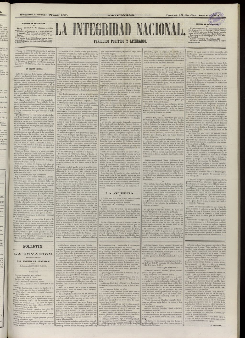 Miniatura de La Integridad Nacional: periódico político del 13 de octubre de 1870, nº 137