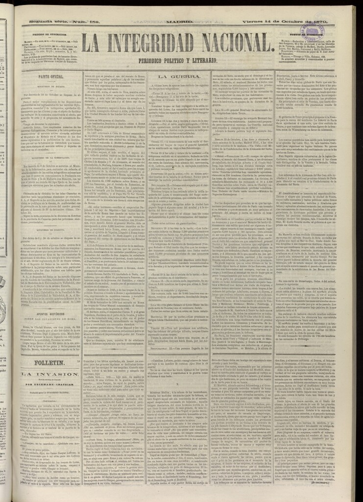 Miniatura de La Integridad Nacional: periódico político del 14 de octubre de 1870, nº 138