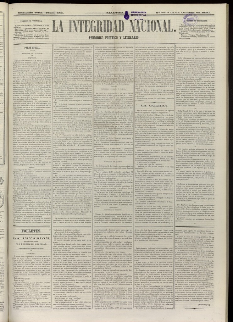 Miniatura de La Integridad Nacional: periódico político del 15 de octubre de 1870, nº 139