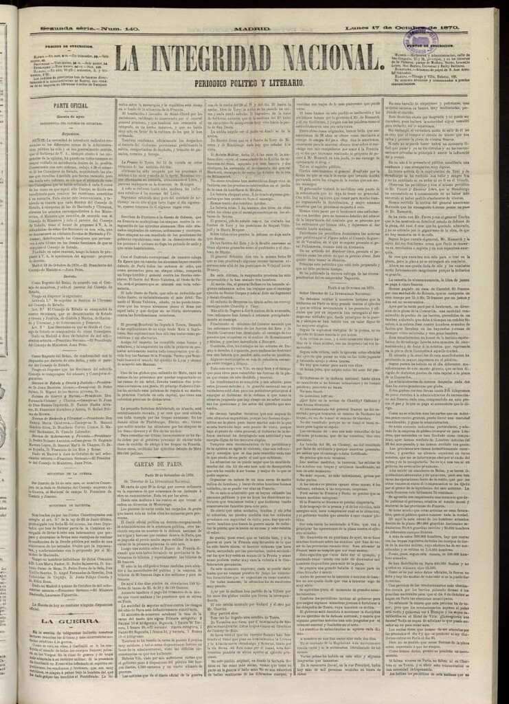 Miniatura de La Integridad Nacional: periódico político del 17 de octubre de 1870, nº 140
