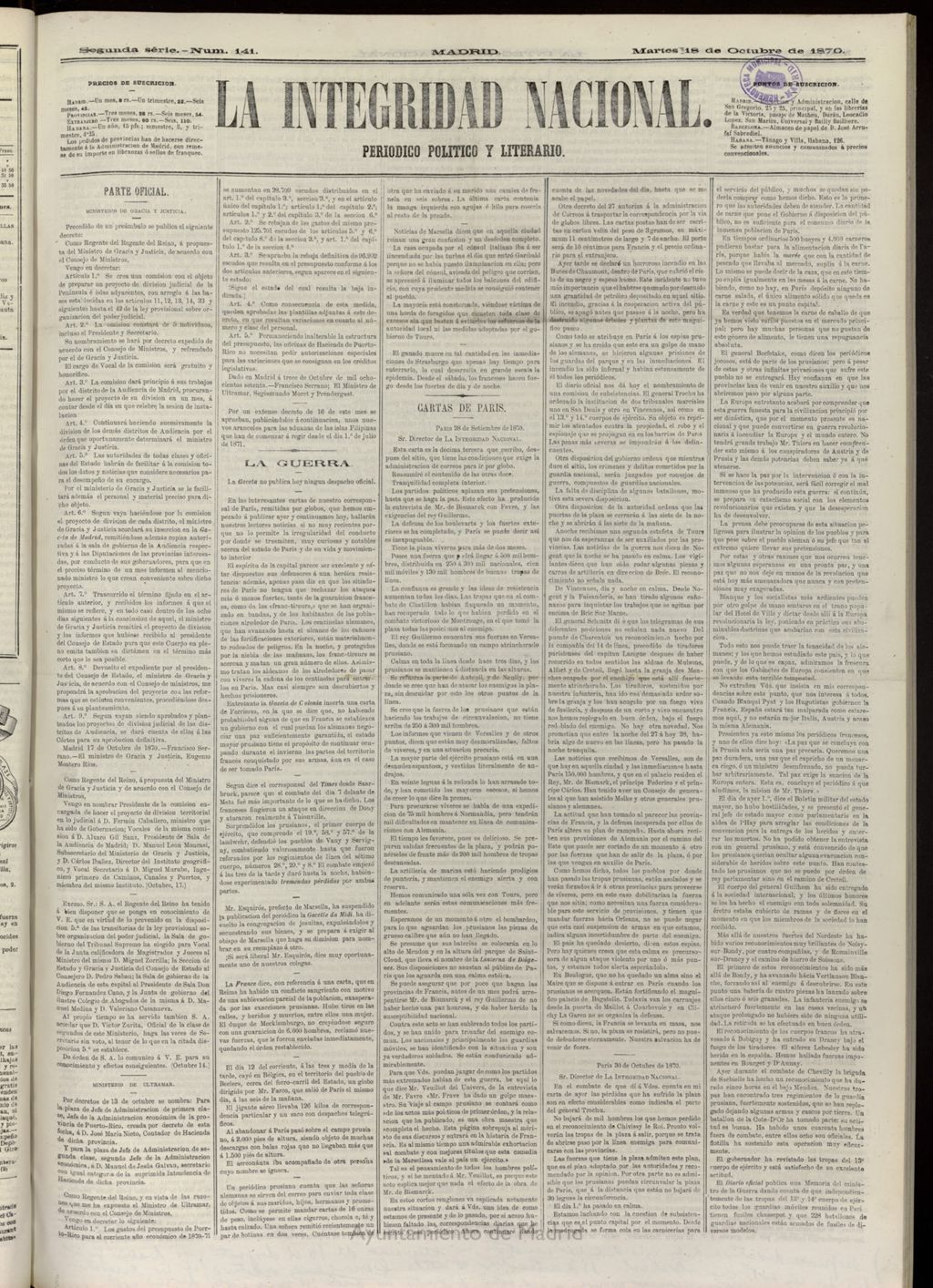 Miniatura de La Integridad Nacional: periódico político del 18 de octubre de 1870, nº 141