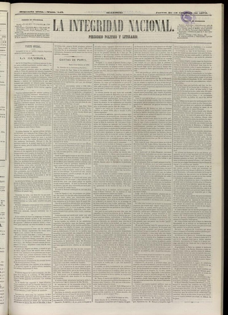 Miniatura de La Integridad Nacional: periódico político del 20 de octubre de 1870, nº 143