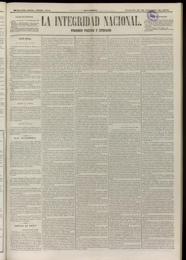 Miniatura de La Integridad Nacional: periódico político del 21 de octubre de 1870, nº 144