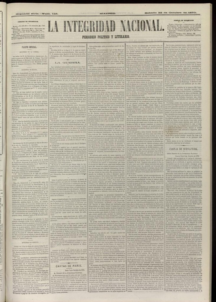 Miniatura de La Integridad Nacional: periódico político del 22 de octubre de 1870, nº 145