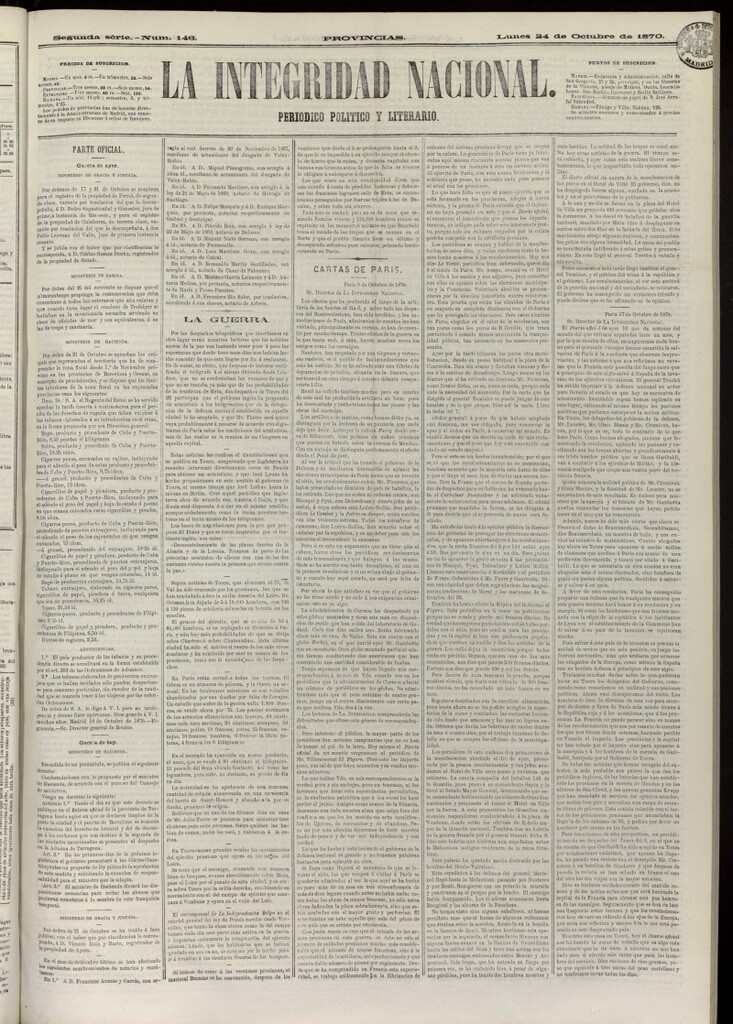 Miniatura de La Integridad Nacional: periódico político del 24 de octubre de 1870, nº 146