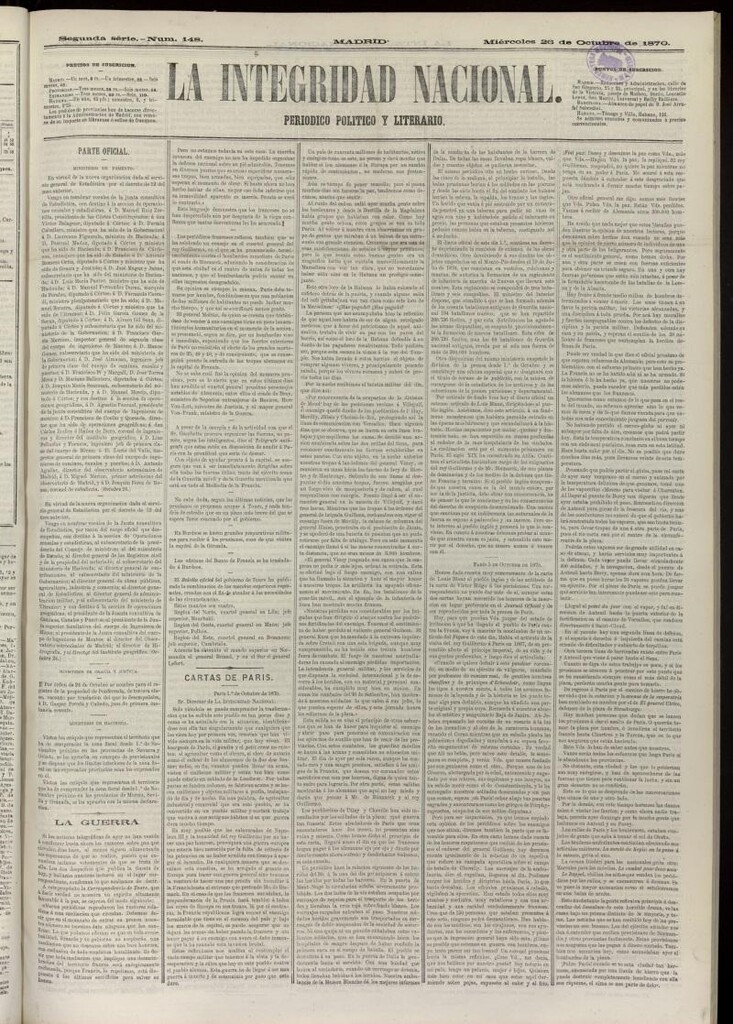 Miniatura de La Integridad Nacional: periódico político del 26 de octubre de 1870, nº 148