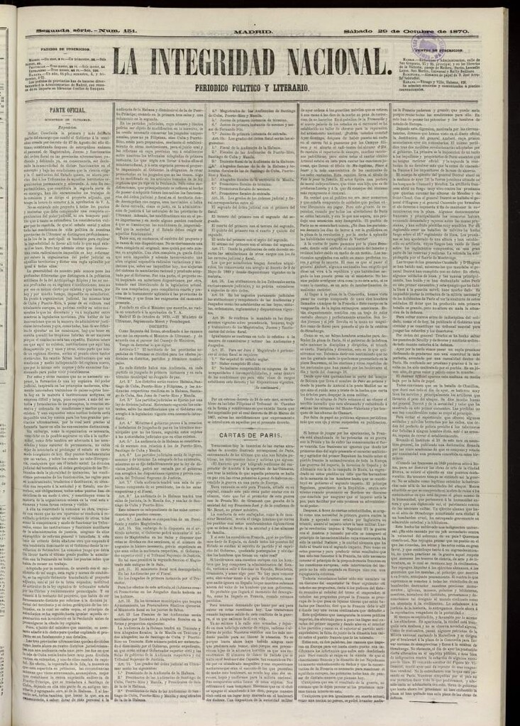 Miniatura de La Integridad Nacional: periódico político del 29 de octubre de 1870, nº 151