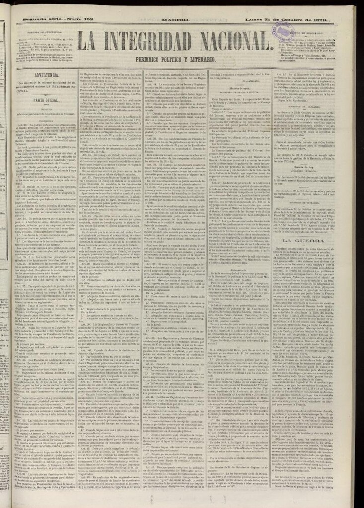 Miniatura de La Integridad Nacional: periódico político del 31 de octubre de 1870, nº 152