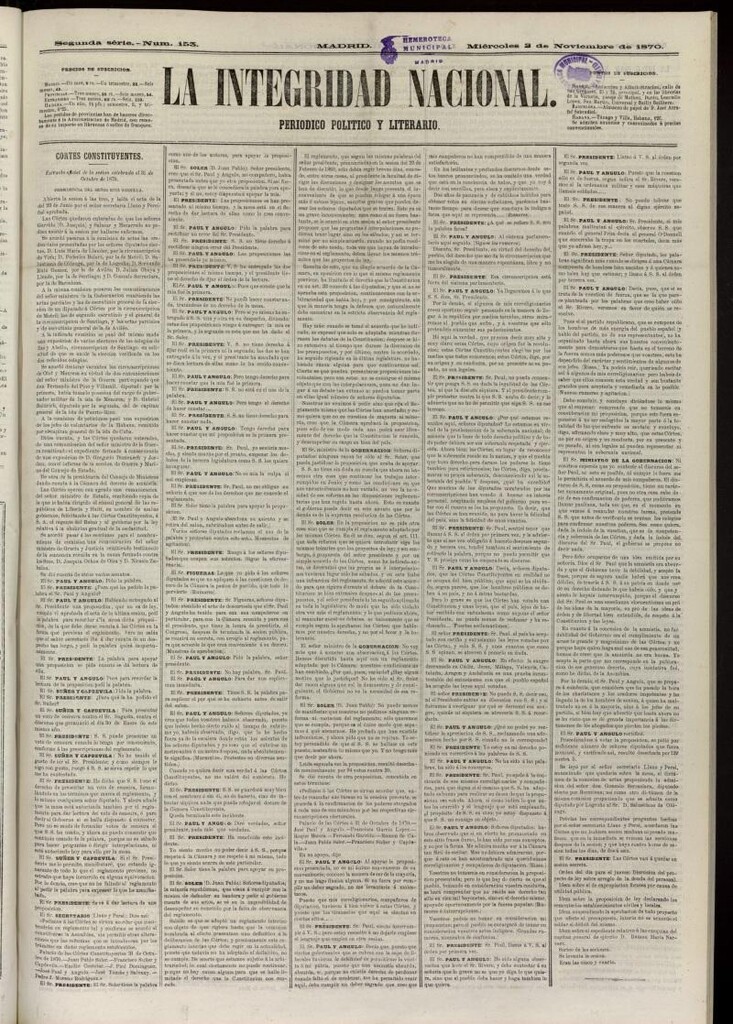 Miniatura de La Integridad Nacional: periódico político del 2 de noviembre de 1870, nº 153