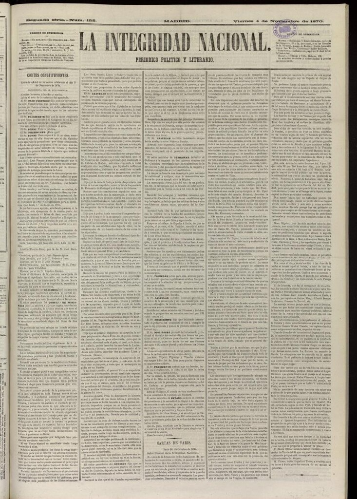 Miniatura de La Integridad Nacional: periódico político del 4 de noviembre de 1870, nº 155