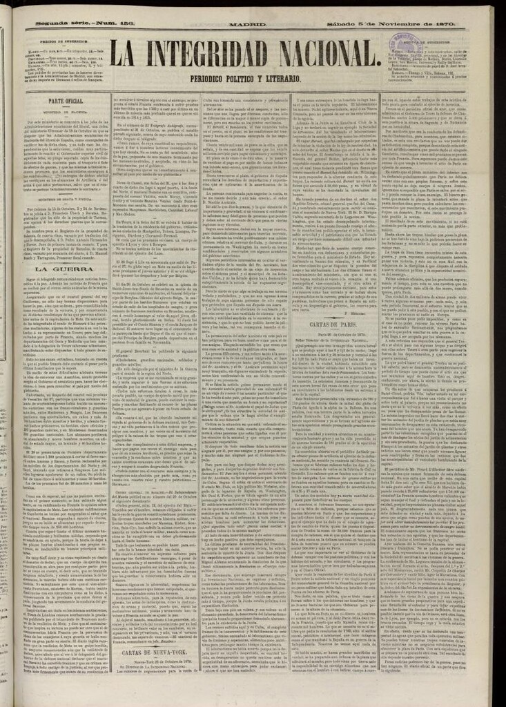 Miniatura de La Integridad Nacional: periódico político del 5 de noviembre de 1870, nº 156