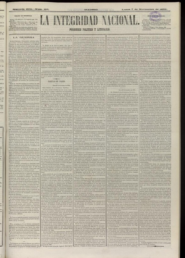 Miniatura de La Integridad Nacional: periódico político del 7 de noviembre de 1870, nº 157