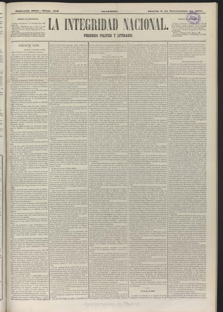 Miniatura de La Integridad Nacional: periódico político del 8 de noviembre de 1870, nº 158