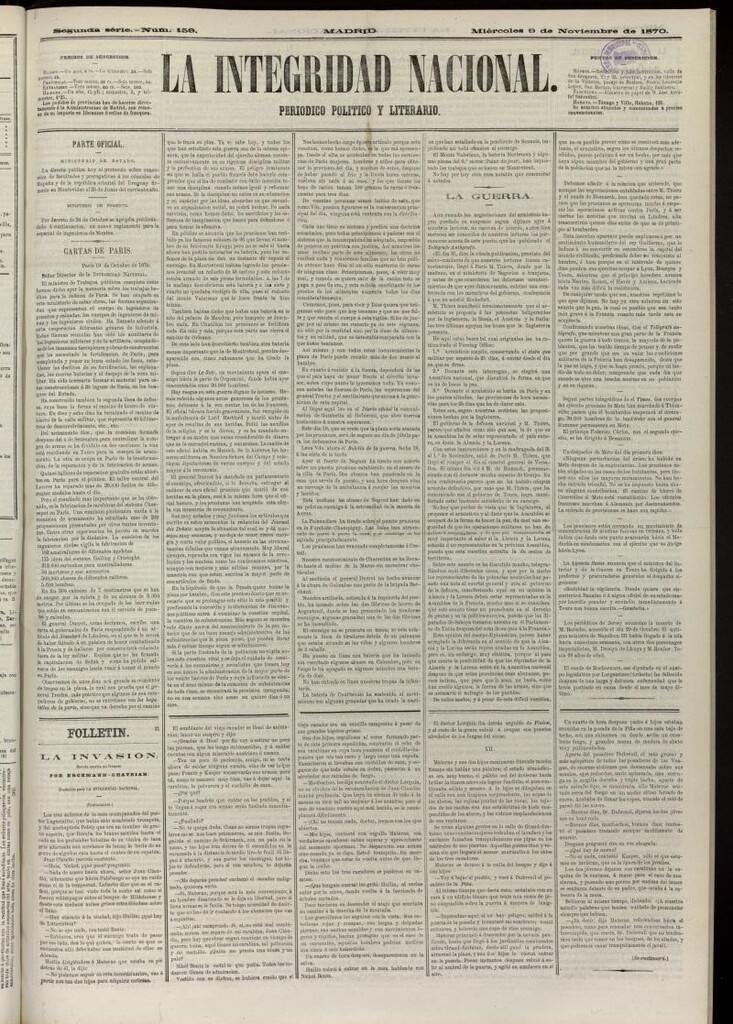 Miniatura de La Integridad Nacional: periódico político del 9 de noviembre de 1870, nº 159