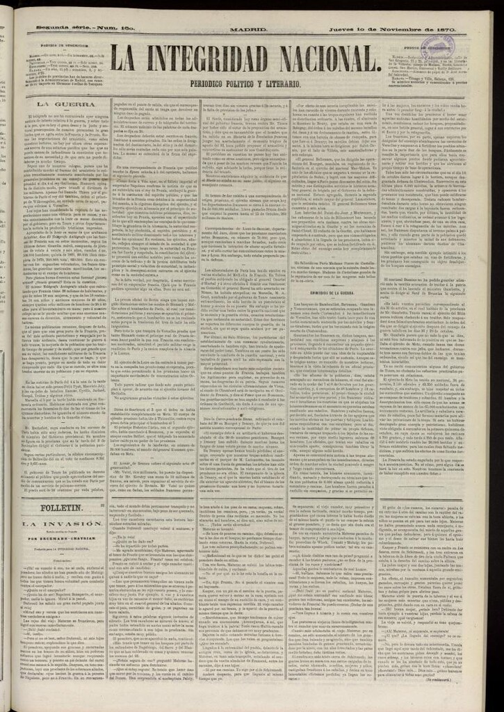 Miniatura de La Integridad Nacional: periódico político del 10 de noviembre de 1870, nº 160