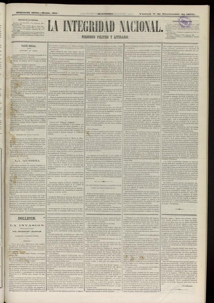 Miniatura de La Integridad Nacional: periódico político del 11 de noviembre de 1870, nº 161