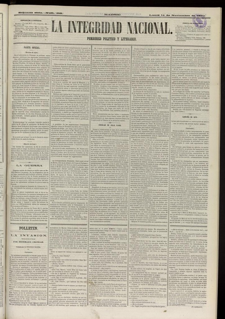 Miniatura de La Integridad Nacional: periódico político del 14 de noviembre de 1870, nº 163
