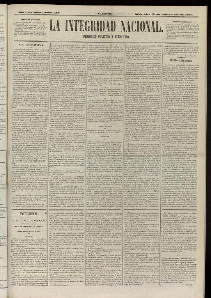 Miniatura de La Integridad Nacional: periódico político del 16 de noviembre de 1870, nº 165