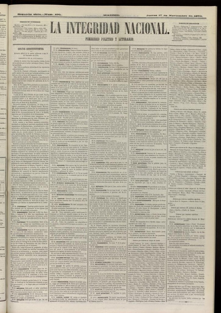 Miniatura de La Integridad Nacional: periódico político del 17 de noviembre de 1870, nº 166